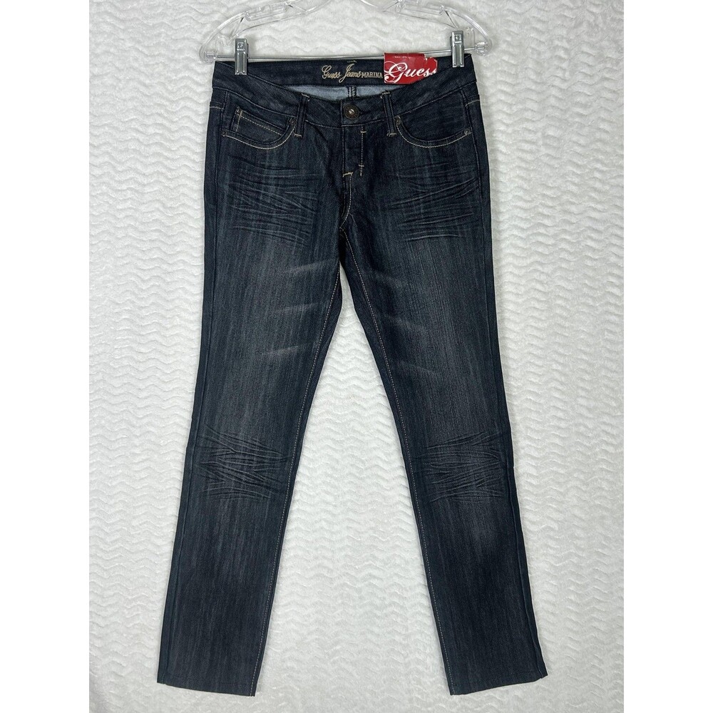 GUESS Jeans Womens 26 Blue Dark Wash Skinny Slim Distressed Stretch Embroidered